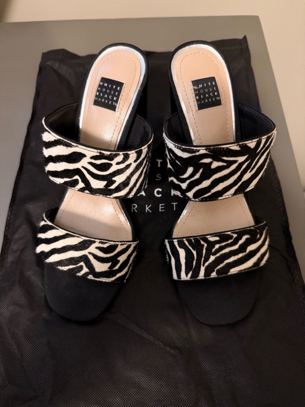 White House Black Market Black & White Zebra Print Double-Strap Mules